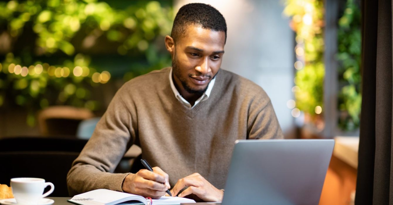 Distance,Education.,Young,Black,Bearded,Student,Learning,Online,At,The